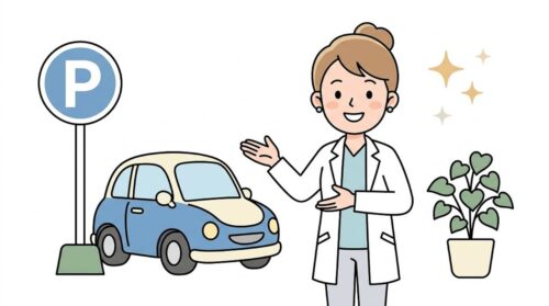 駐車場（Pマーク）と車を案内する歯科スタッフのイラスト（豊中市の小児歯科）