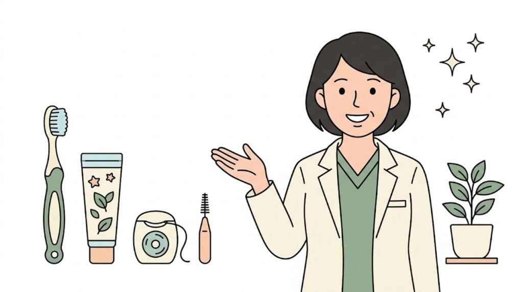 歯ブラシやフロスなど口腔ケア用品を紹介する歯科スタッフのイラスト（豊中市の小児歯科）