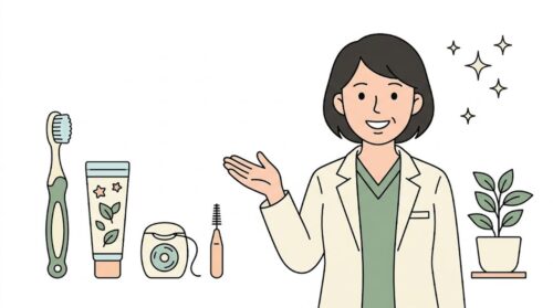 歯ブラシやフロスなど口腔ケア用品を紹介する歯科スタッフのイラスト（豊中市の小児歯科）