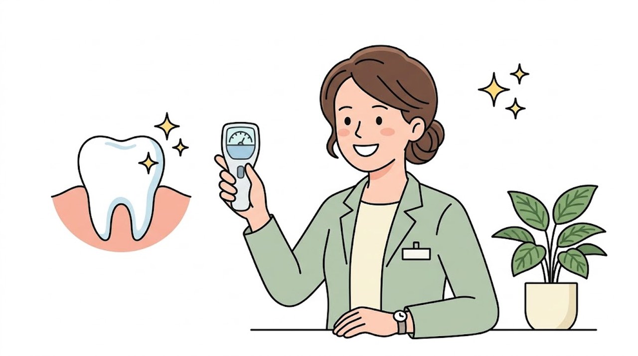 デジタル機器でむし歯を数値で確認する歯科スタッフのイラスト(豊中市の小児歯科)