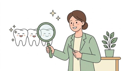 虫めがねで歯を丁寧に確認する歯科スタッフのイラスト（豊中市の小児歯科）