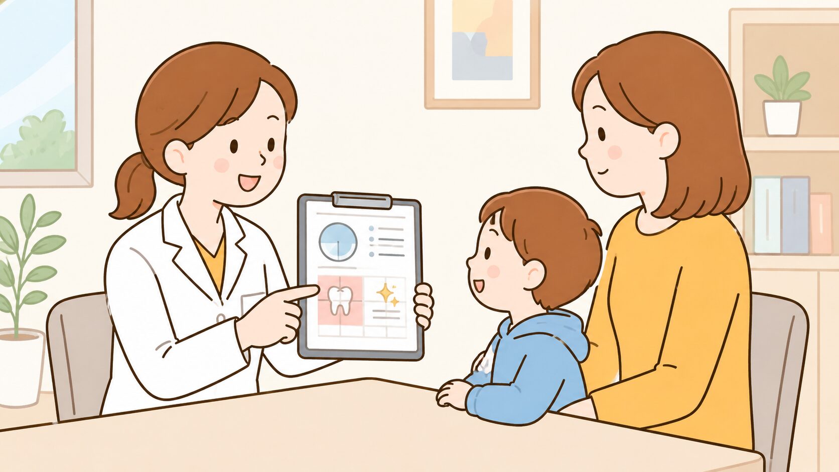歯科医がお母さんとお子さんに検査結果を説明している様子