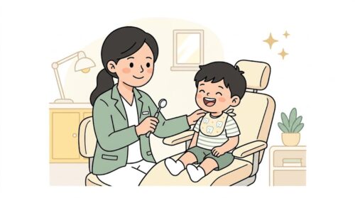 診療室で安心して笑う子どもと寄り添う歯科スタッフのイラスト（豊中市の小児歯科）