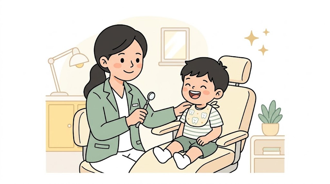 診療室で安心して笑う子どもと寄り添う歯科スタッフのイラスト（豊中市の小児歯科）