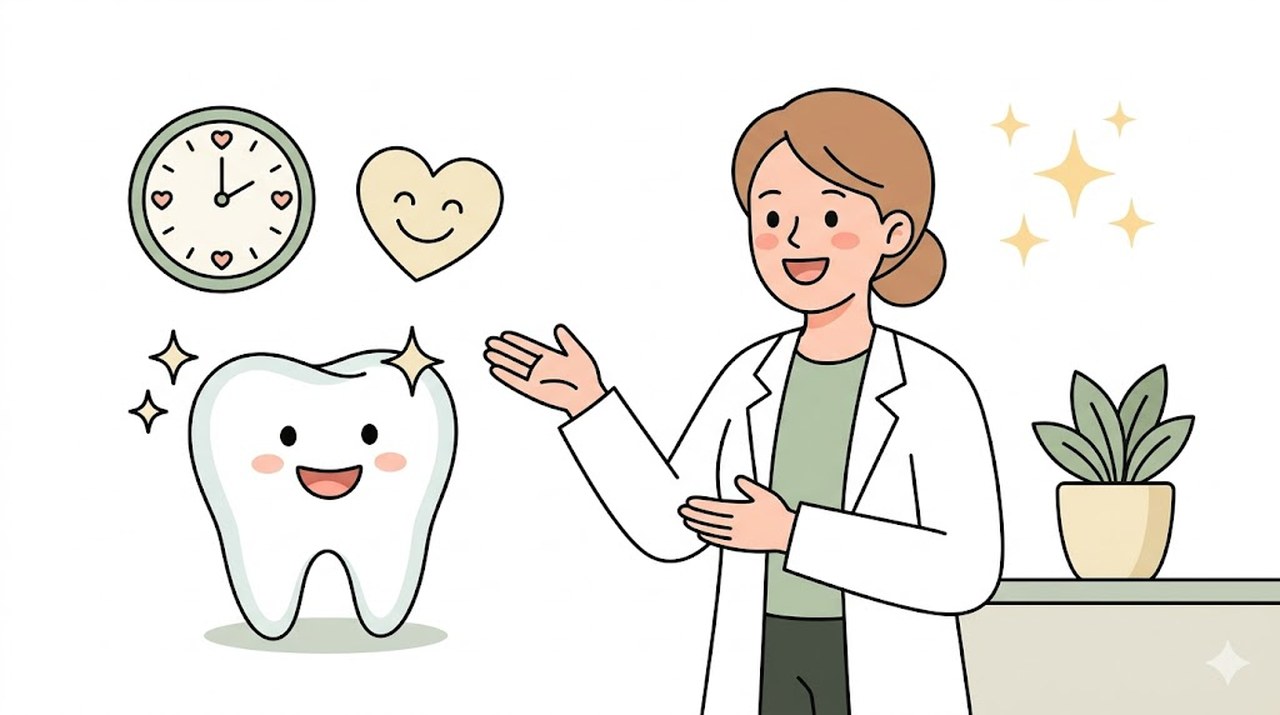 早めのケアで健康な歯を守ることを説明する歯科スタッフのイラスト（豊中市の小児歯科）