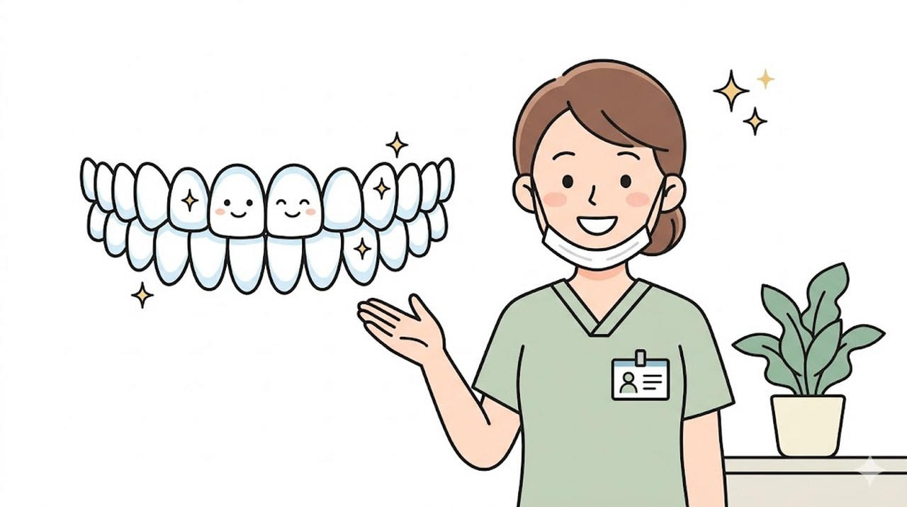 健康な歯ならびについて説明する歯科スタッフのイラスト（豊中市の小児歯科）