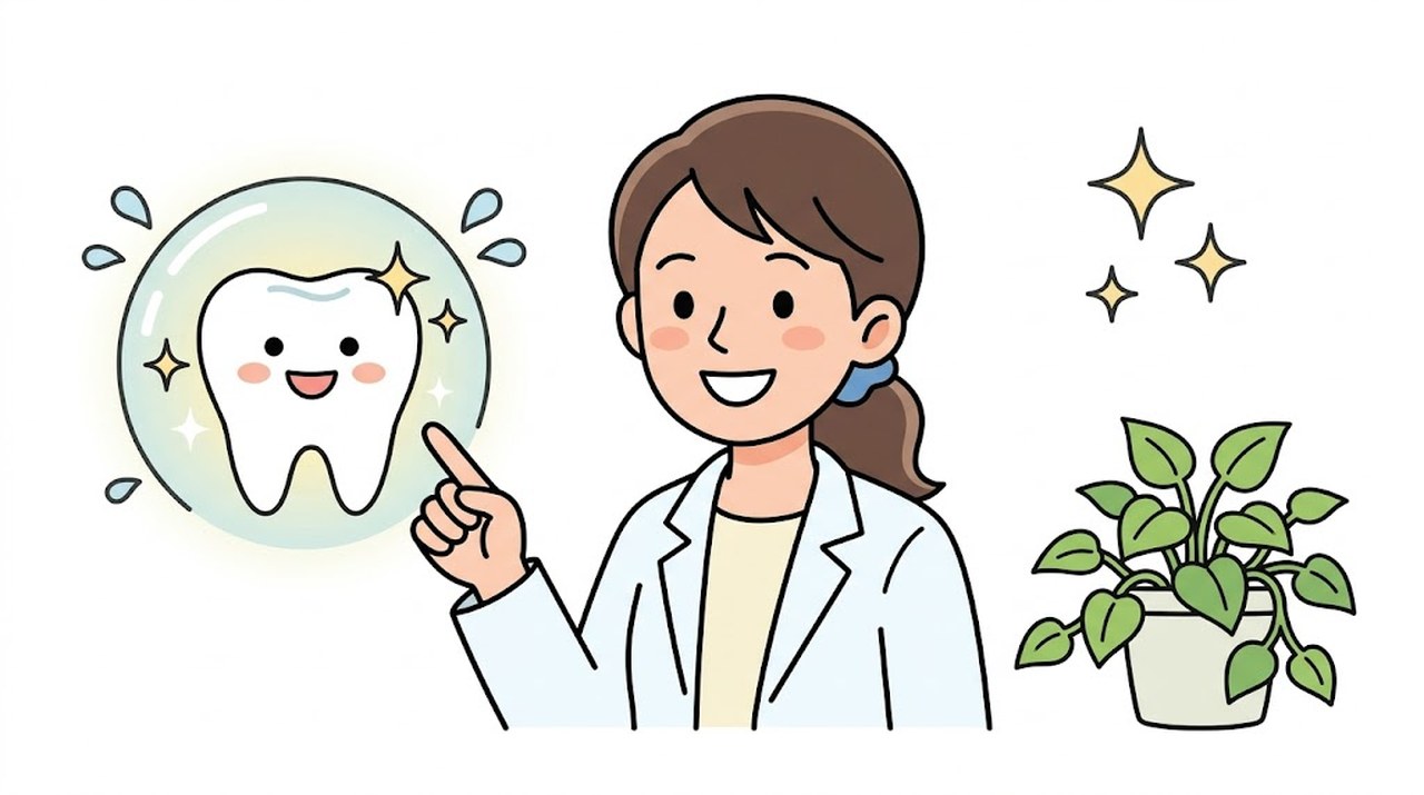 守られた健康な歯について説明する歯科スタッフのイラスト(豊中市の小児歯科)